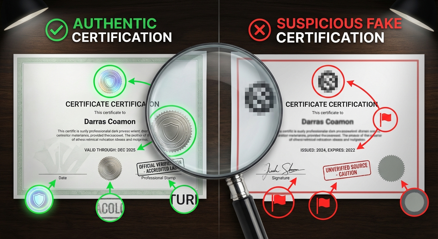Comparison of authentic versus fake inverter certifications showing red flags and warning signs