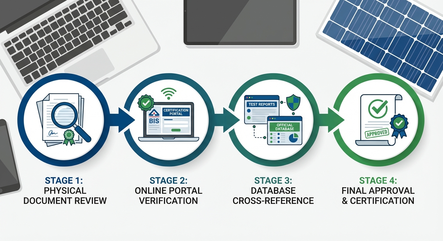 Step-by-step inverter certifications verification process showing document review and online verification portals