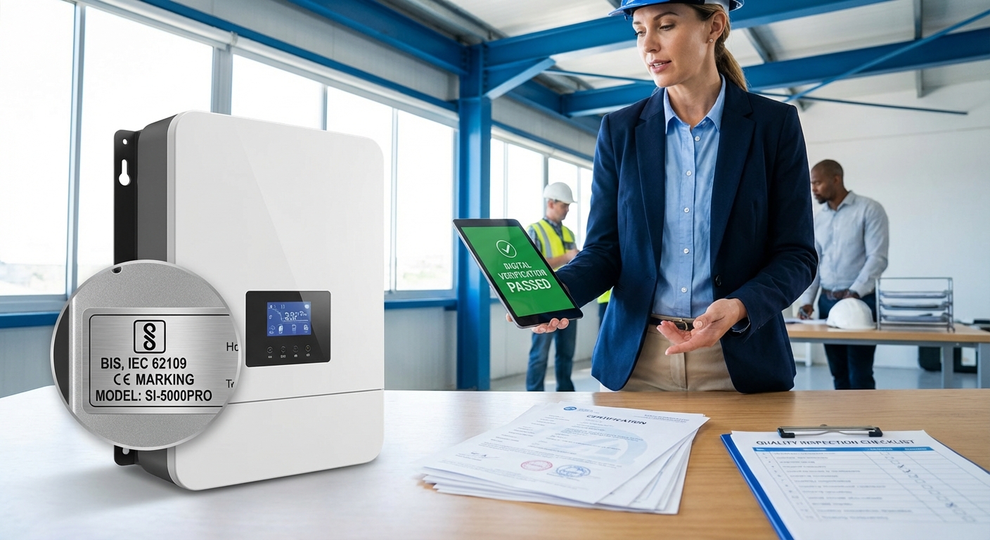 Solar inverter certifications verification process showing BIS and IEC certified inverter with quality documentation