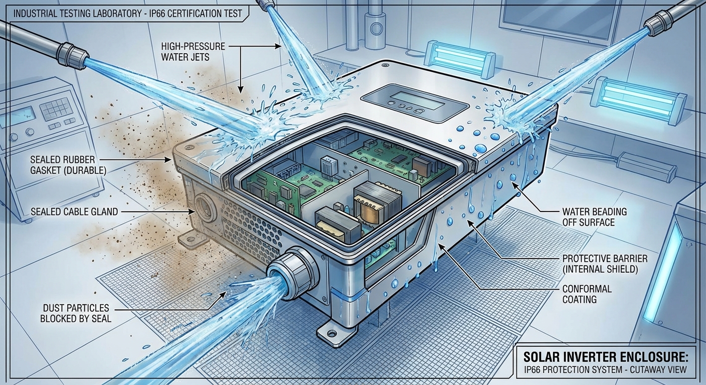 IP66 weather protection testing for inverter certifications showing water and dust resistance capabilities