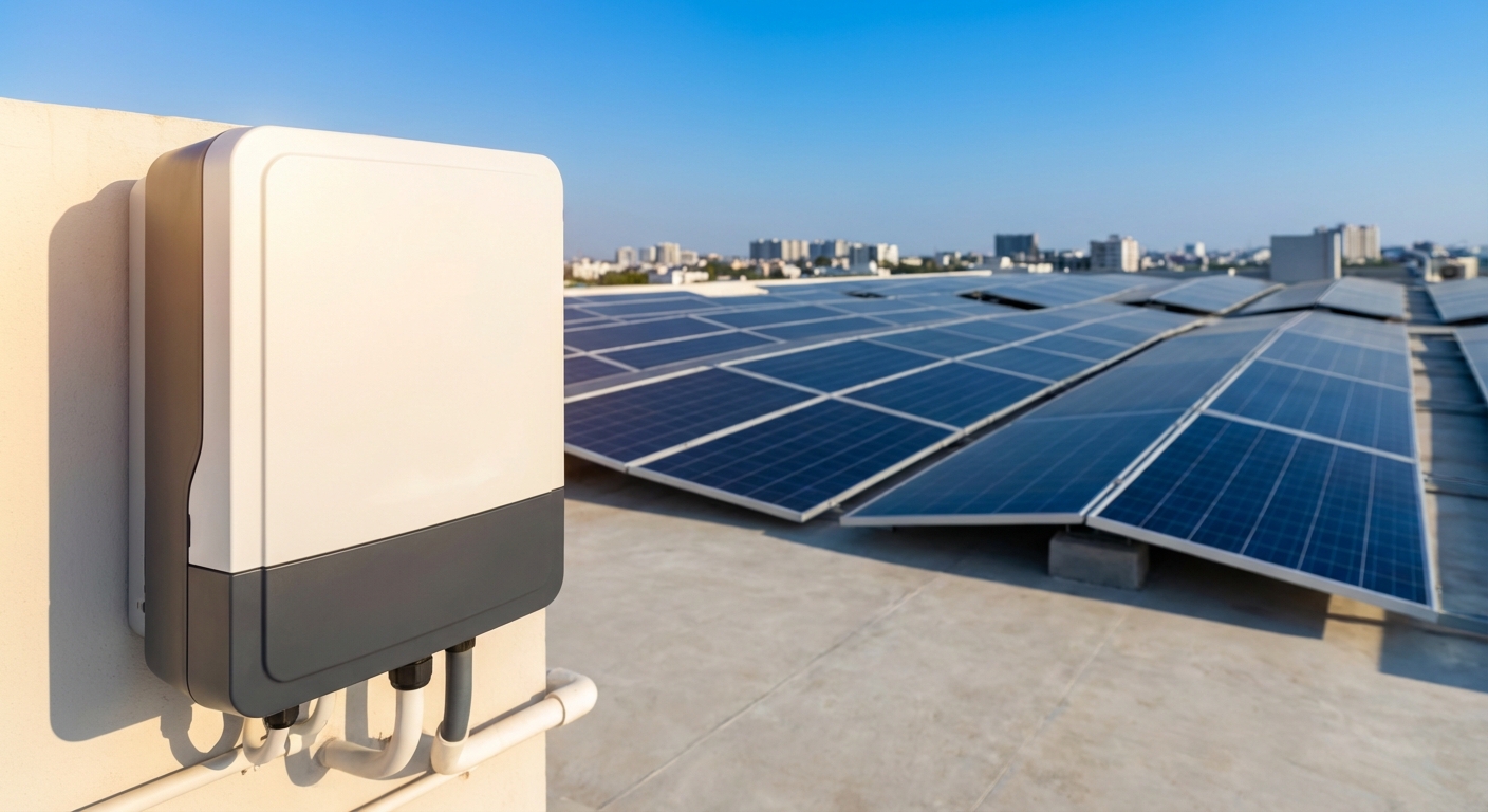 Modern solar inverter installation on Indian commercial rooftop representing investment returns and ROI