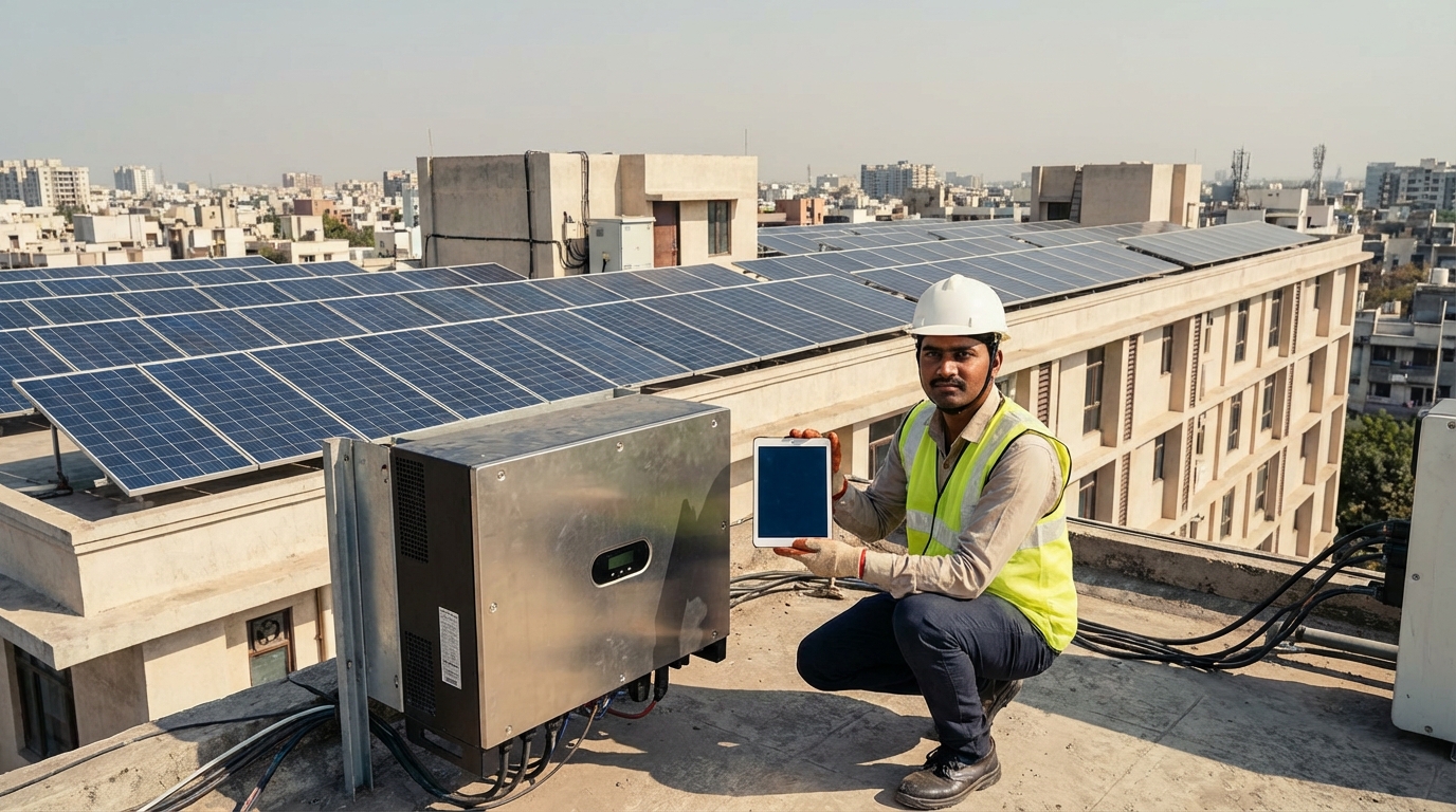 Professional technician monitoring solar inverter system performance on rooftop installation