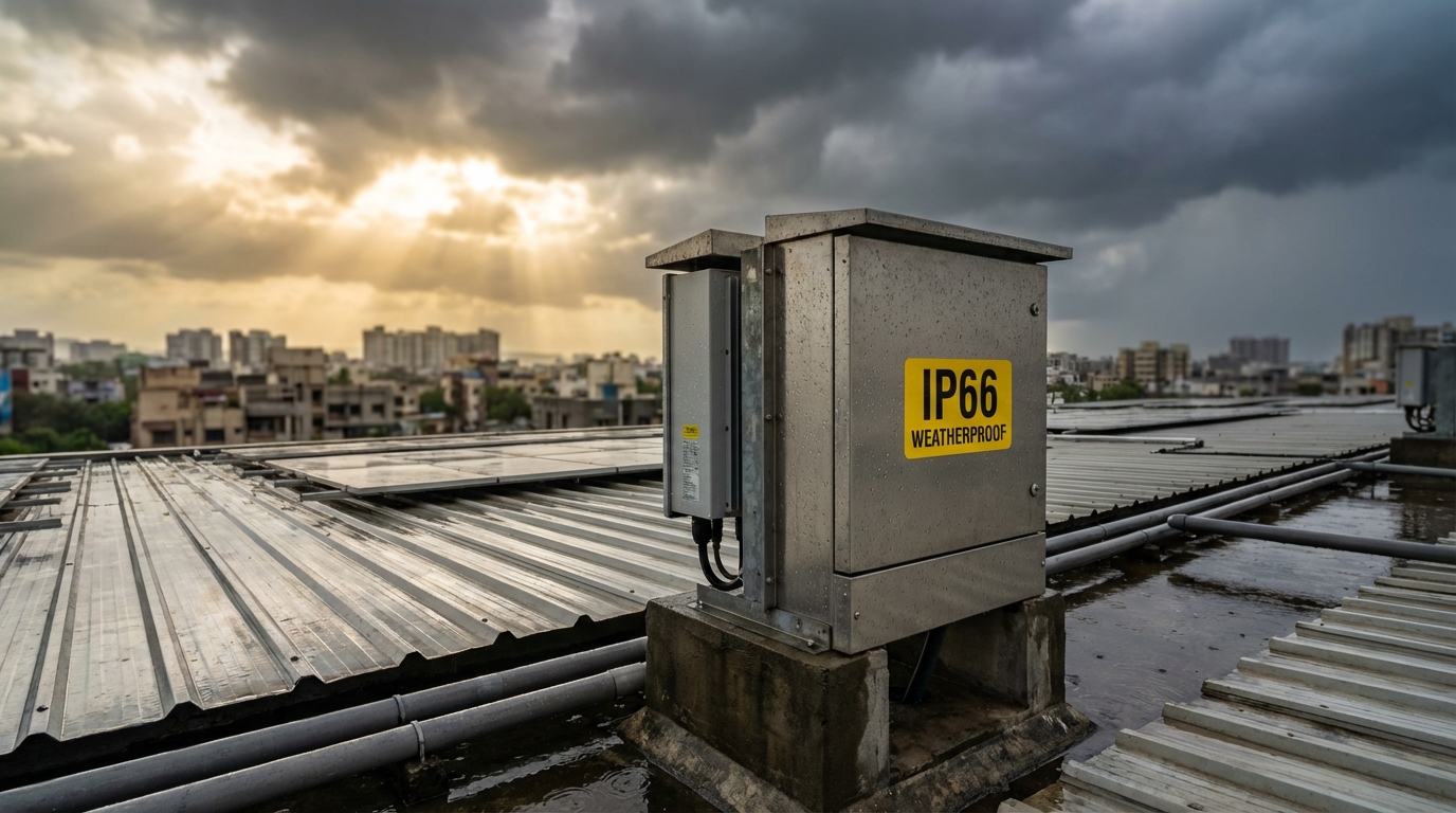Solar inverter with IP66 weather protection installed on Indian rooftop during monsoon season showing durability
