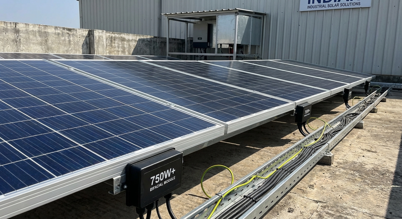 High-wattage 750W+ bifacial solar panels in string configuration on Indian commercial rooftop showing scale and capacity