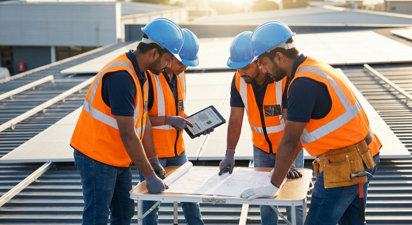 Solar EPC engineers collaborating on inverter sizing calculations for commercial installation project in India