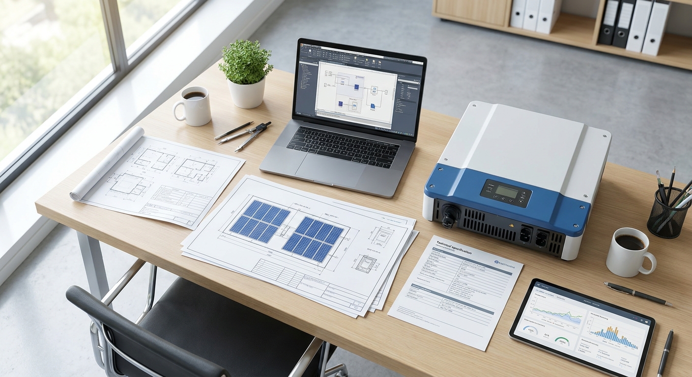 Solar EPC professional workspace showing inverter capacity planning documents and system design