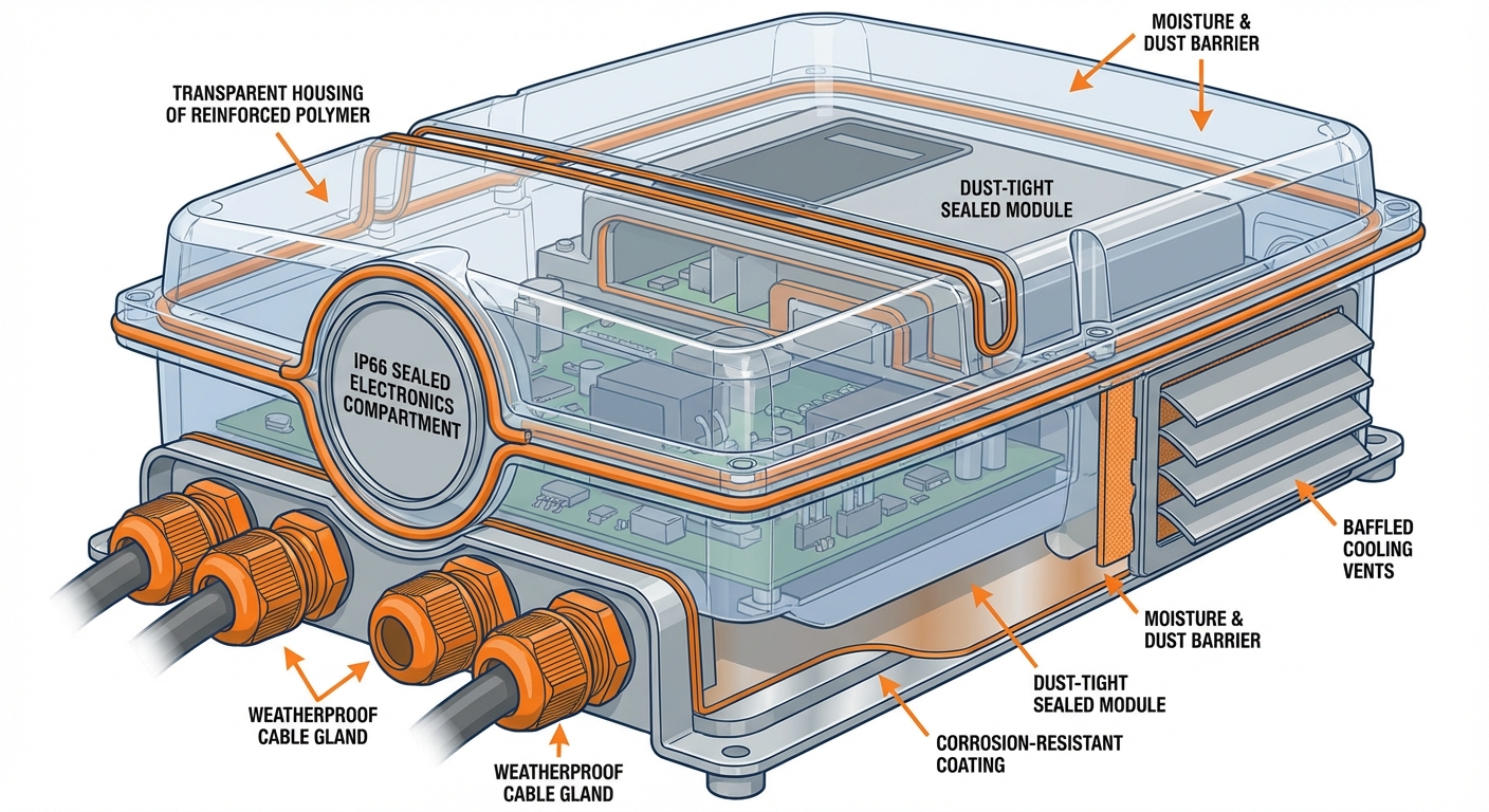 Technical cutaway diagram showing IP66 inverter internal protection features including seals, gaskets, and weatherproof cable entries