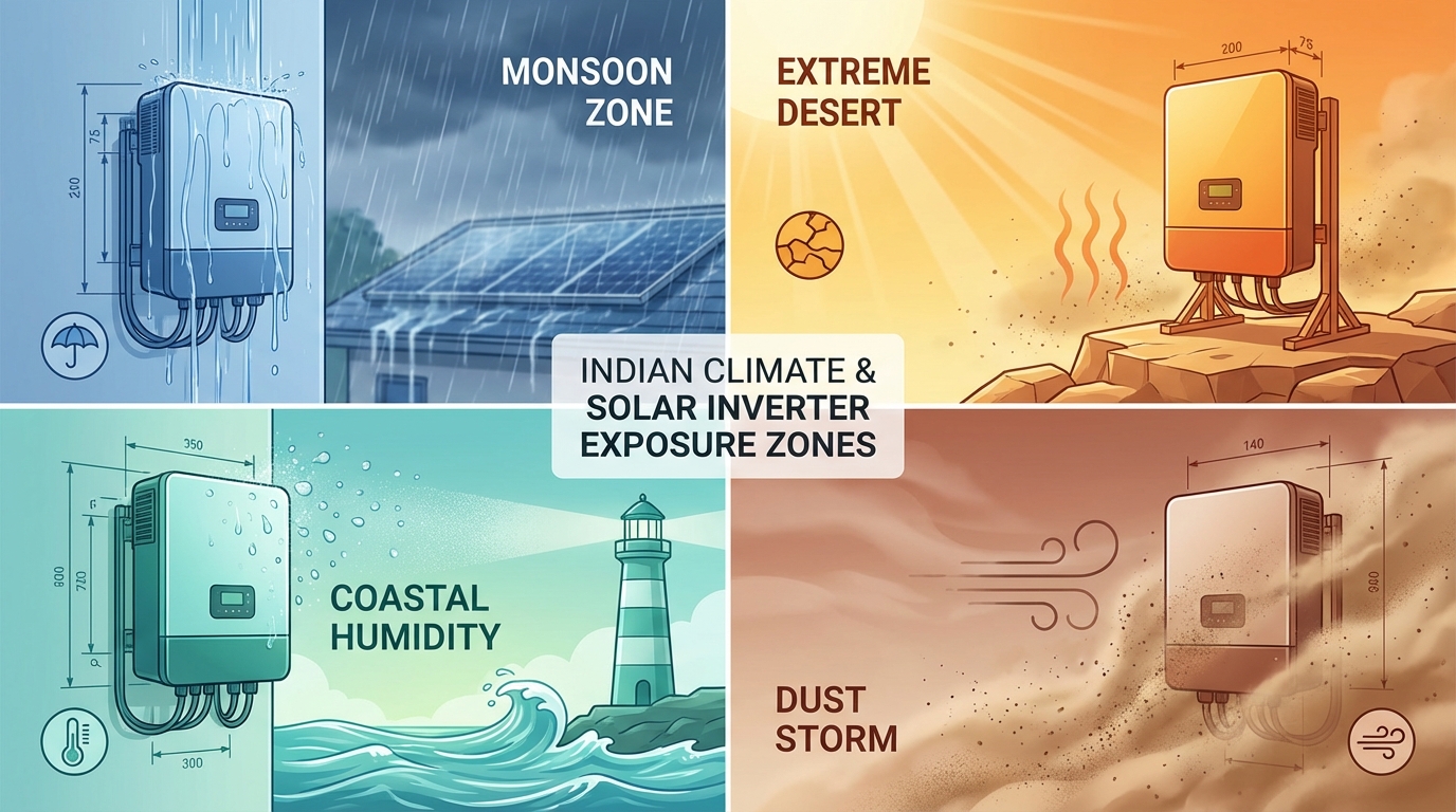India's diverse climate zones including monsoon, extreme heat, coastal humidity, and dust storms affecting solar inverters