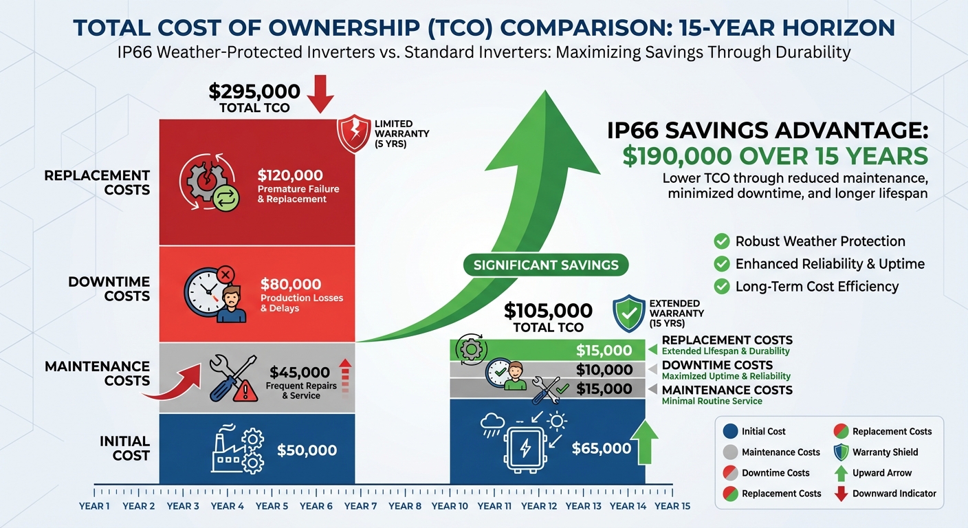 Total cost of ownership comparison showing IP66 inverters reducing maintenance and replacement costs over fifteen years