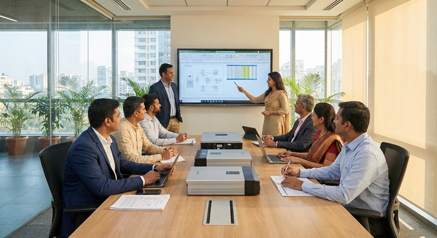 Professional solar industry team reviewing inverter specifications and comparison data in modern office setting
