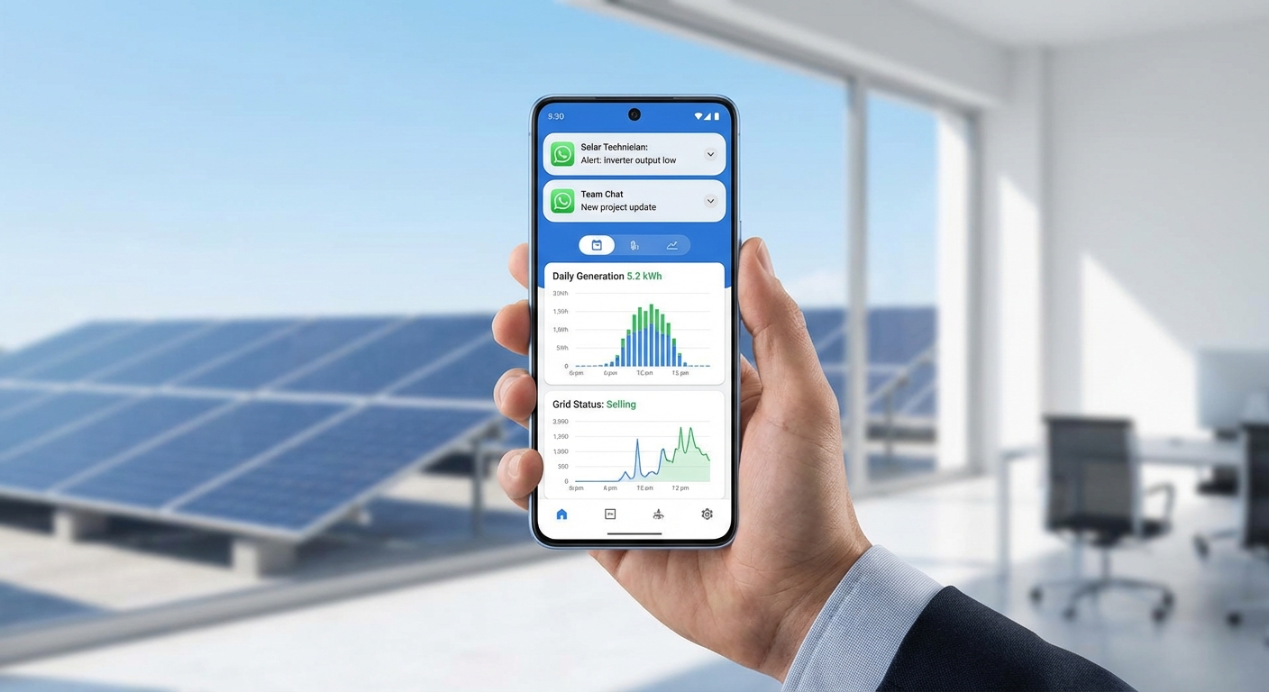 Smart solar inverter monitoring dashboard on mobile device showing real-time performance data and WhatsApp alerts
