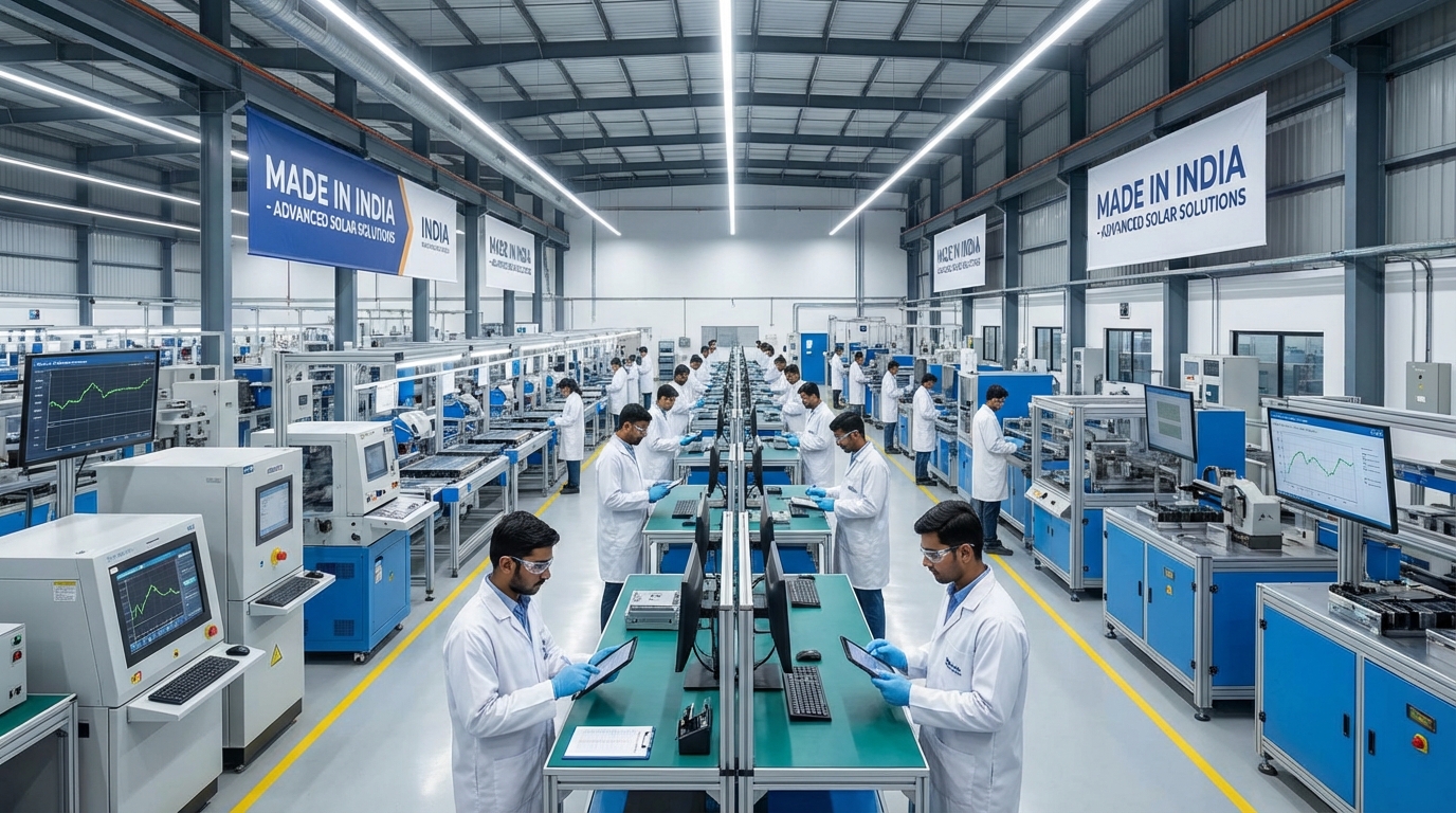 Modern solar inverter manufacturing facility in India showing quality control and testing processes