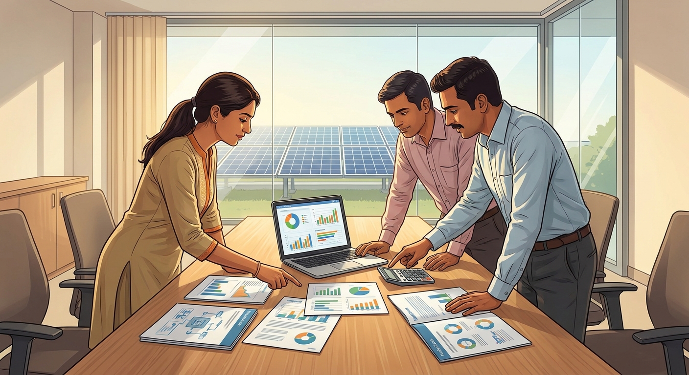 business professionals evaluating inverter financing options and payment models for solar projects