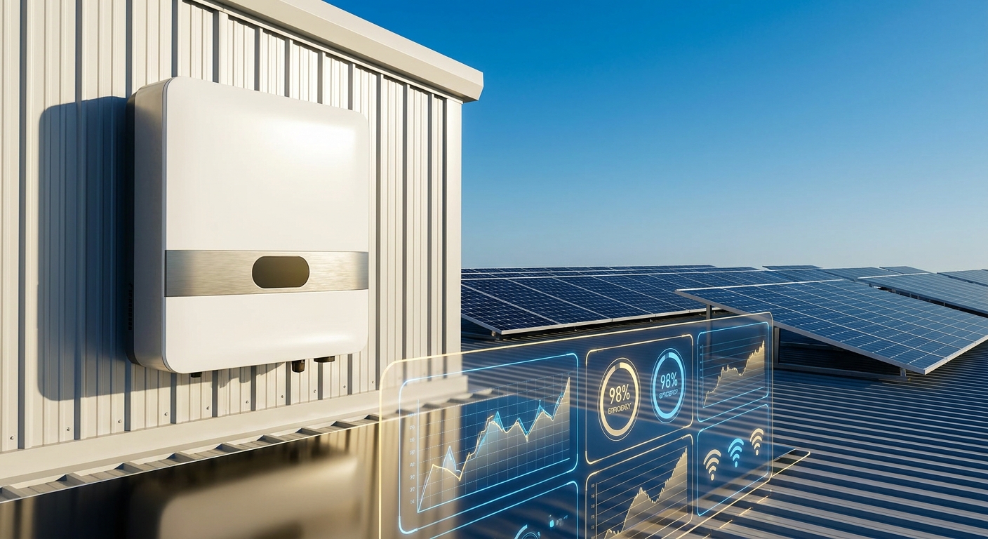 Advanced solar inverter features on Indian commercial rooftop with AI monitoring dashboard