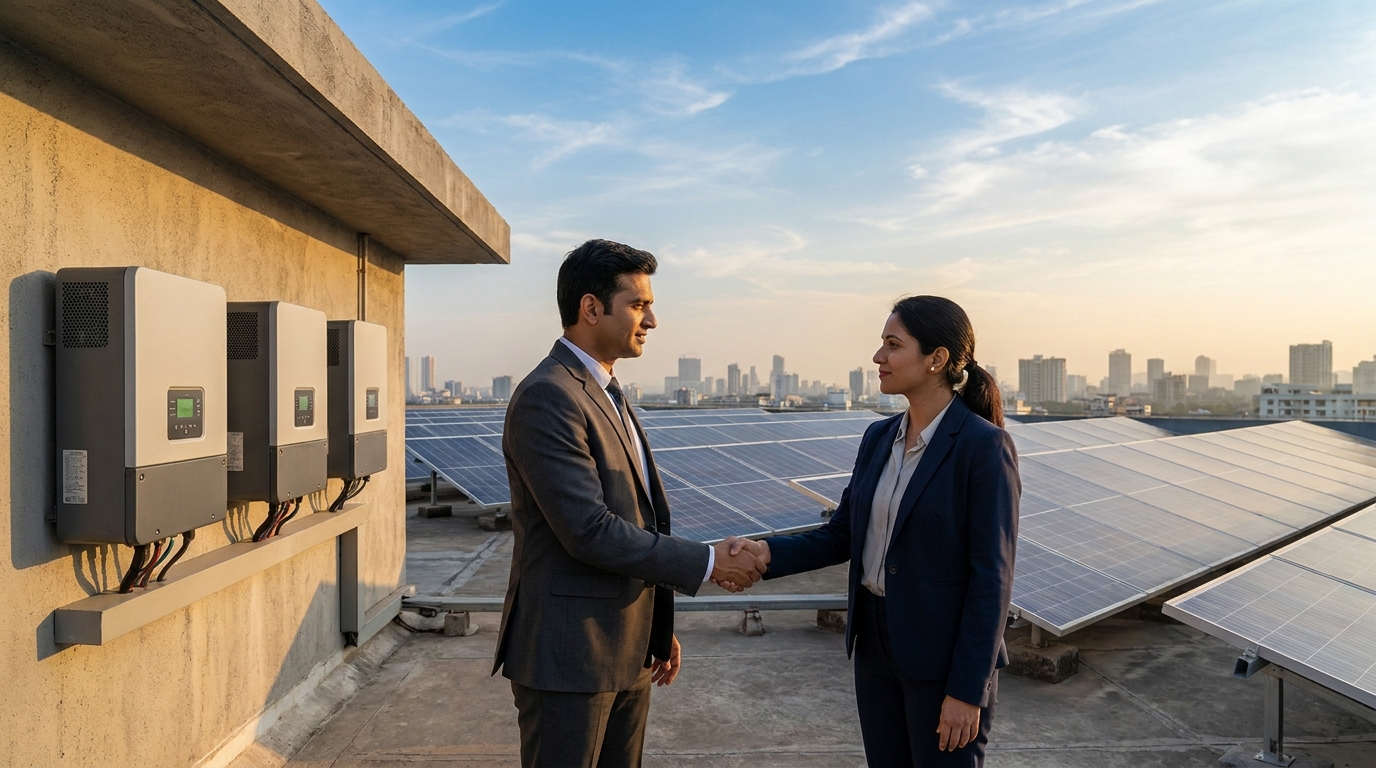 inverter partners India business handshake with solar panels and inverter units on rooftop
