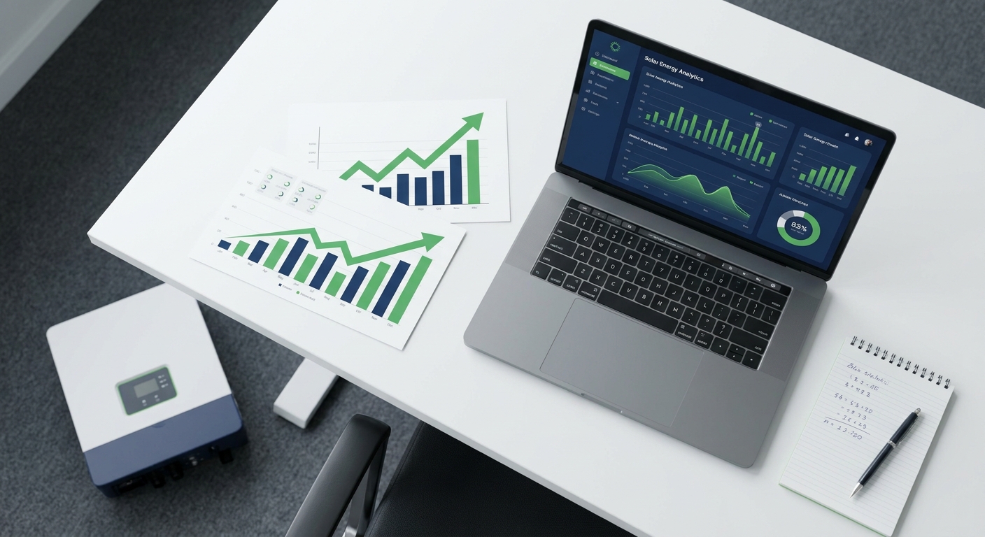 solar inverter distributor investment planning with financial charts and inverter unit on desk