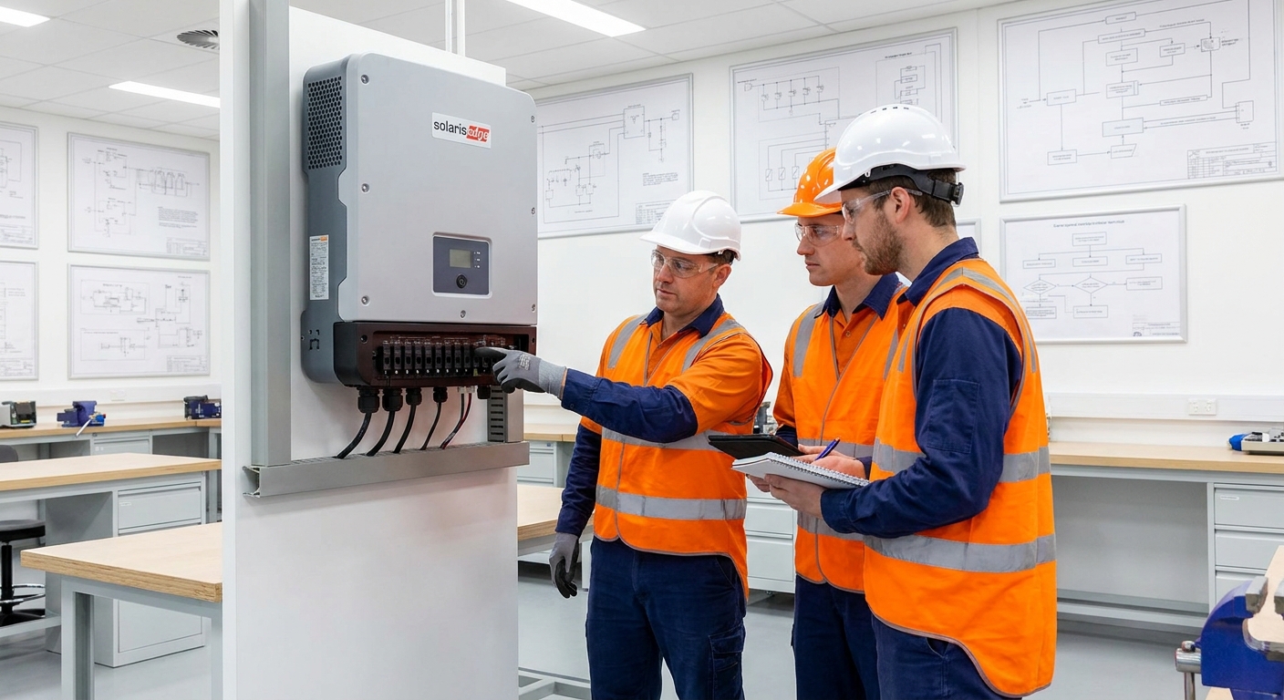 solar inverter technical training session for channel partners with engineers reviewing inverter installation