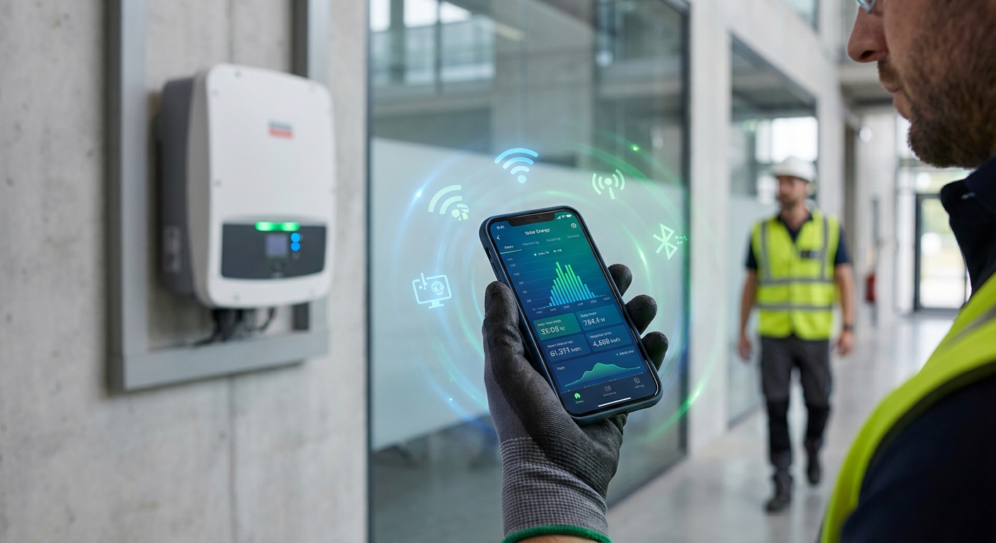 AI-powered solar monitoring system showing real-time performance data and mobile app interface