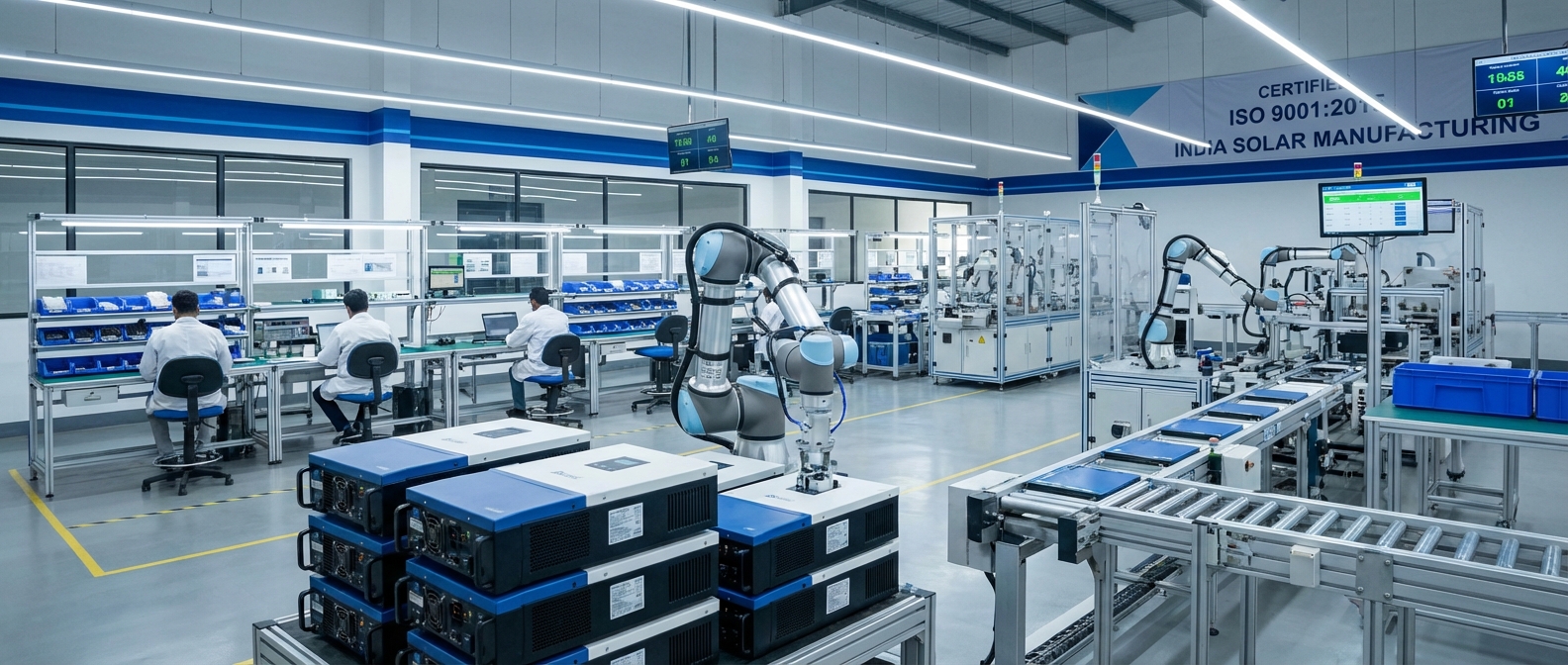 Modern solar inverter manufacturing facility in India with automated quality control systems
