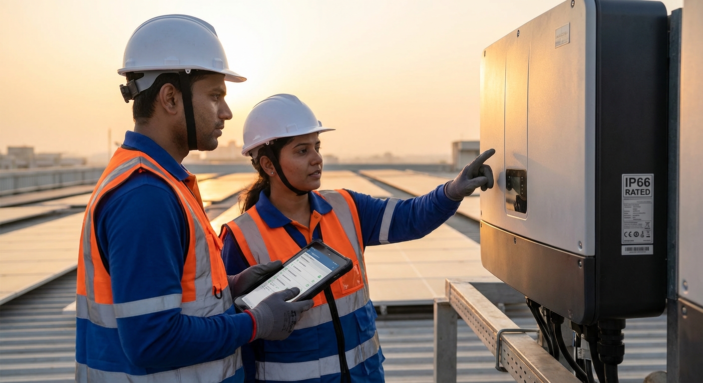 Professional solar installation technicians conducting quality inspection with digital checklist on rooftop