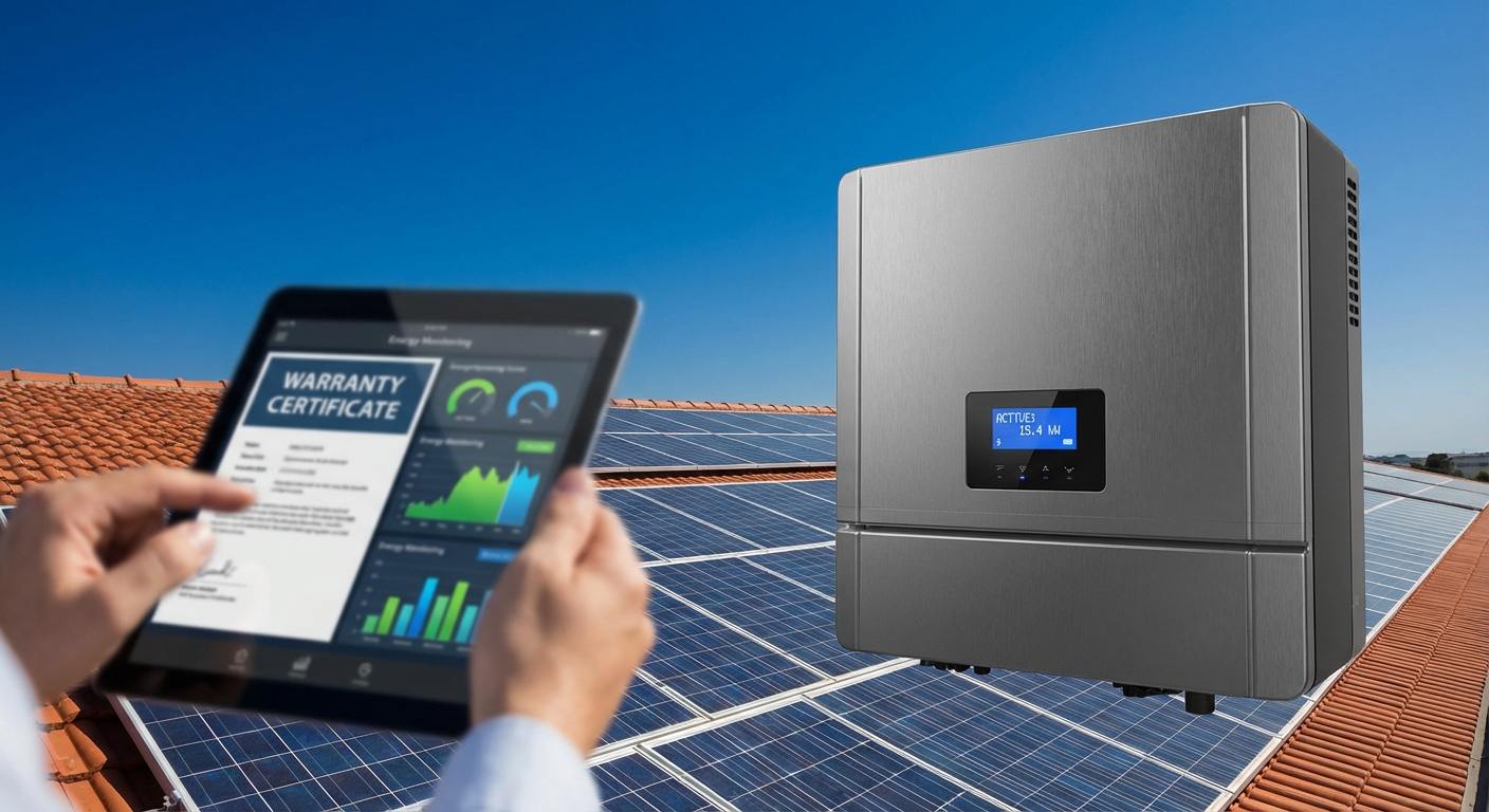 Modern solar inverter installation with digital warranty documentation on rooftop in India