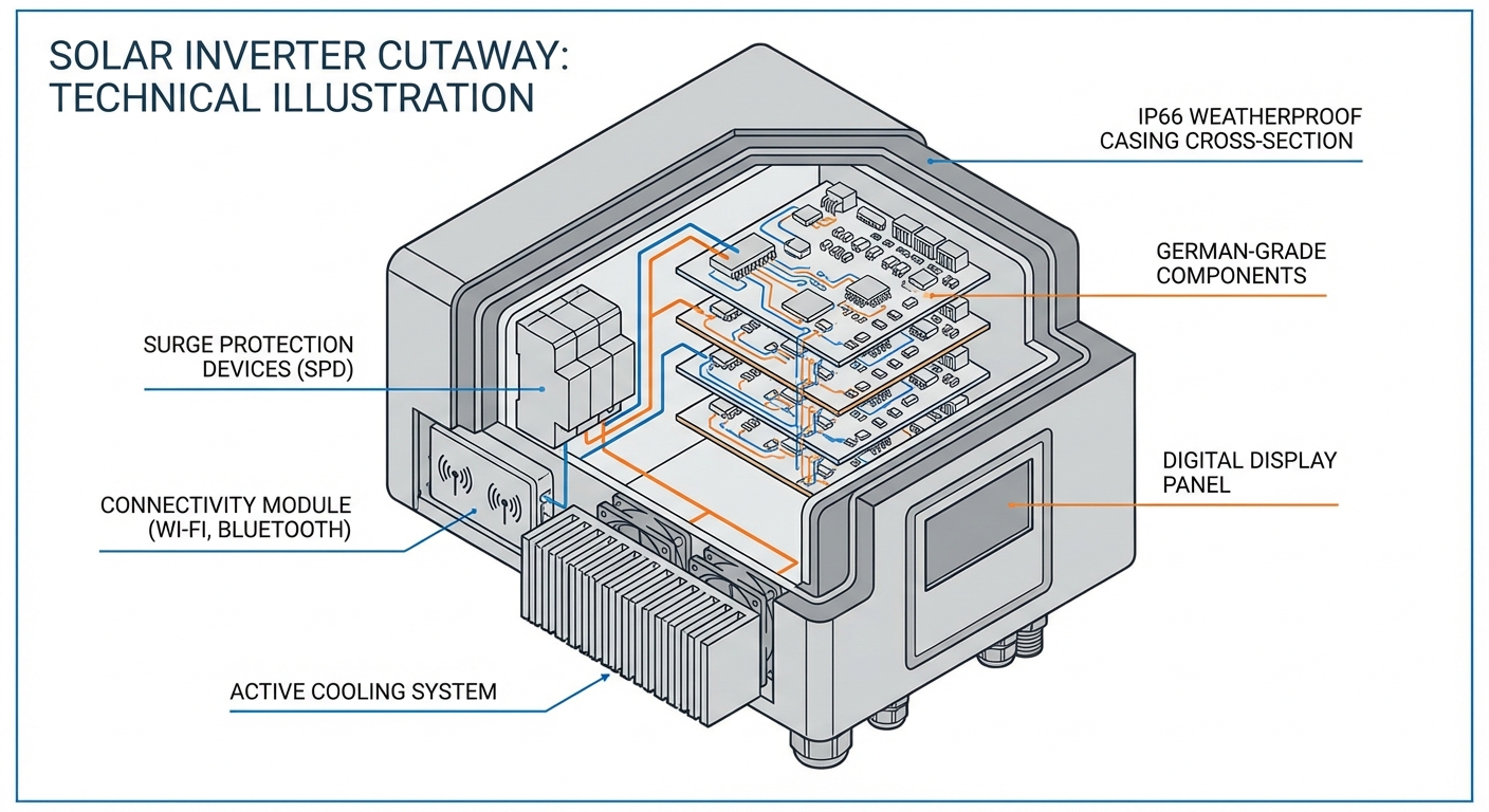 Technical diagram showing solar inverter specifications and internal components with German-grade electronics