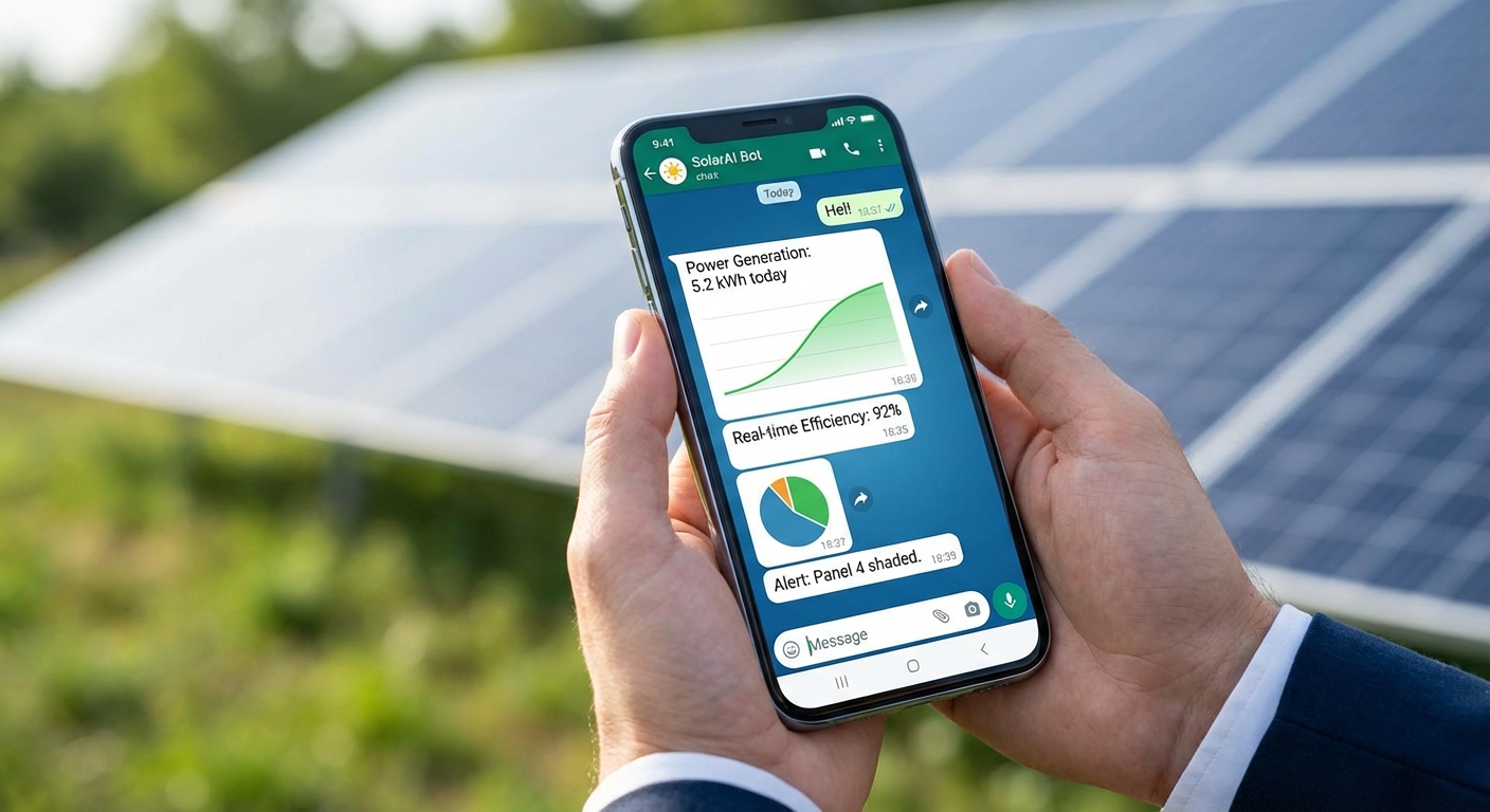 AI-powered solar monitoring dashboard showing real-time performance metrics on smartphone via WhatsApp interface