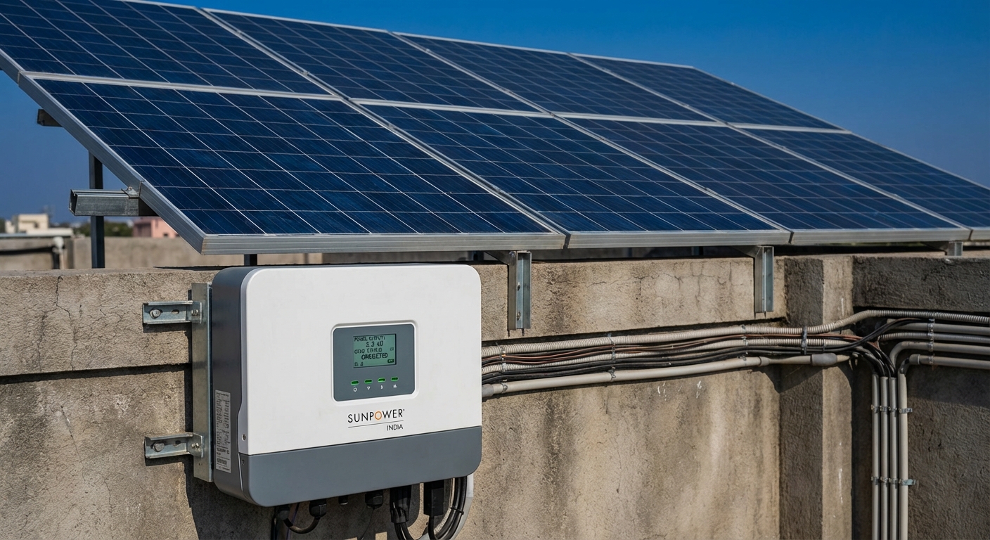 Modern solar inverter installation on Indian rooftop with solar panels showing professional setup