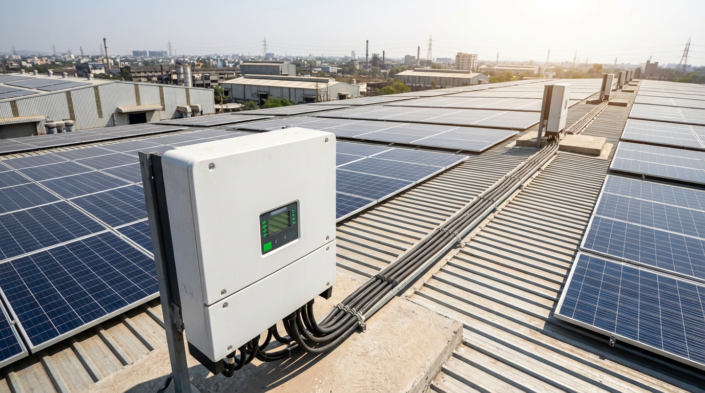 Commercial solar installation with on-grid hybrid inverter deployment in Indian industrial facility