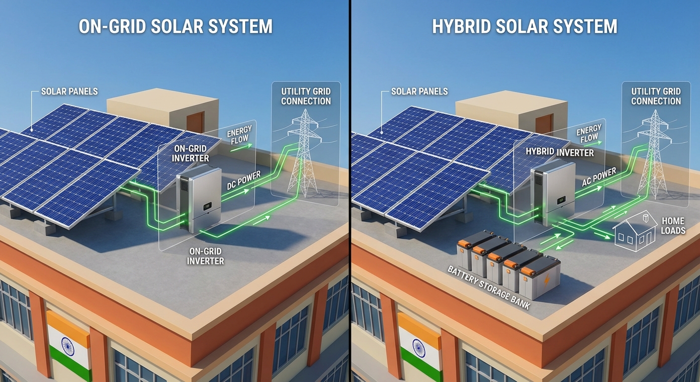 On-grid hybrid solar inverter comparison showing system architecture differences