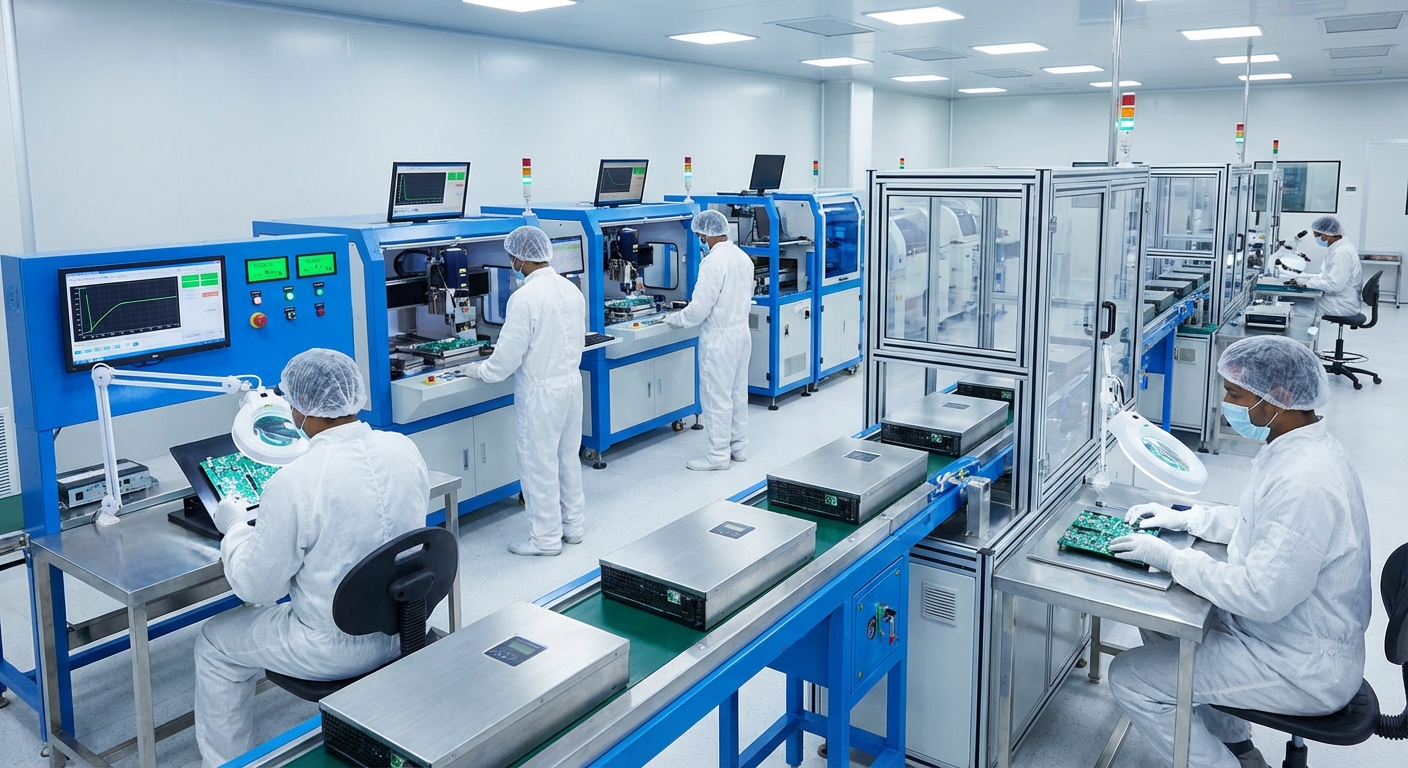 Quality testing and inspection of inverter components in modern solar manufacturing facility