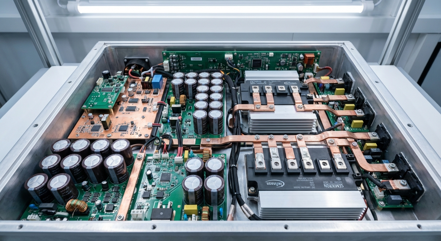 High-quality inverter components inside solar inverter showing German-grade electronic parts and precision engineering