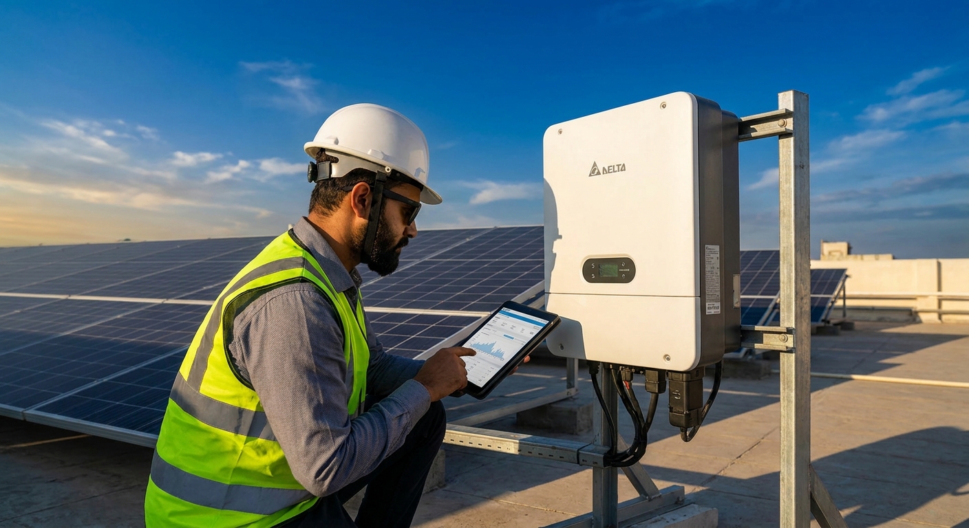 Solar EPC engineer evaluating inverter reliability on a commercial rooftop installation in India
