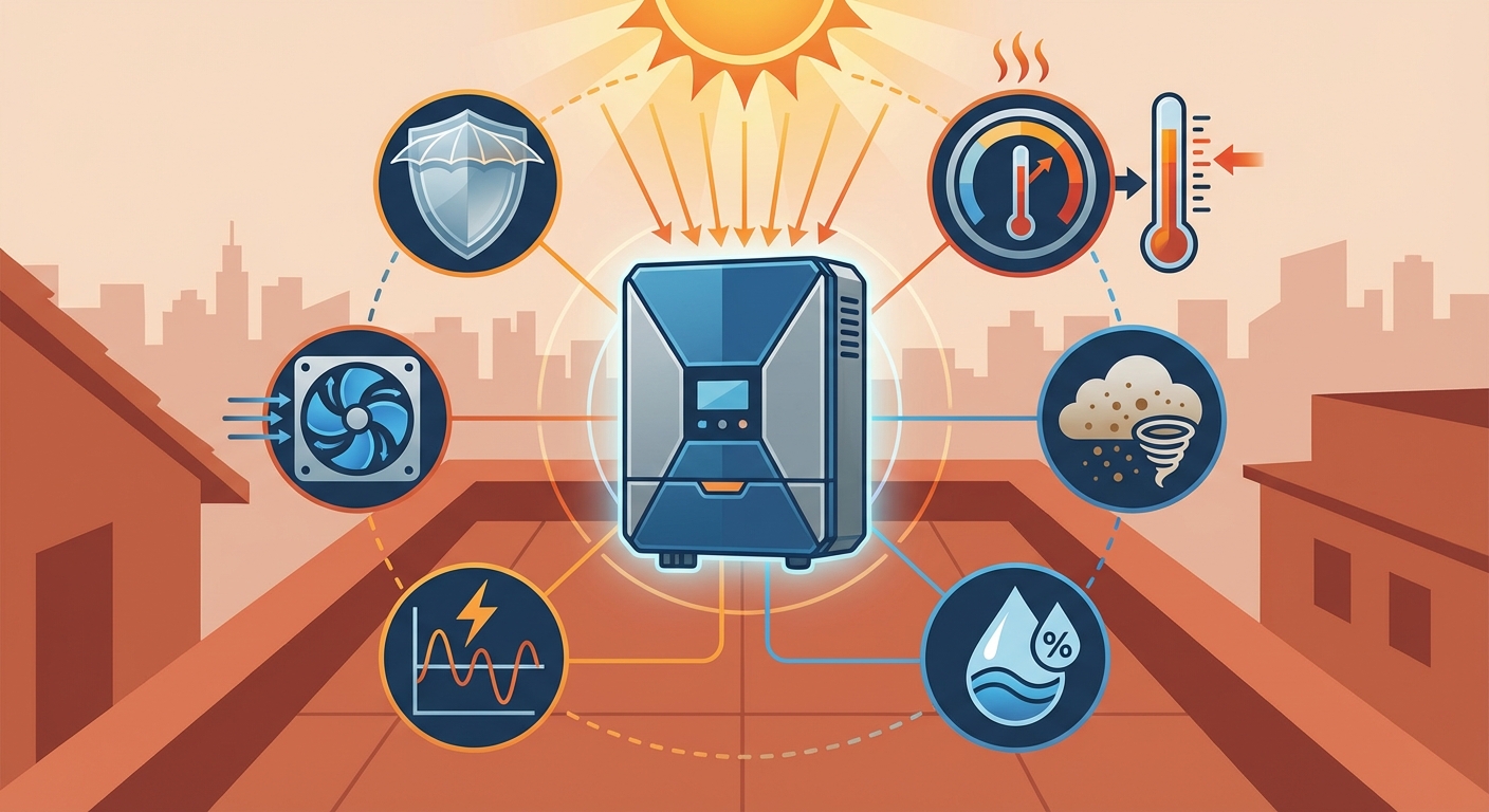 Environmental factors affecting inverter lifespan including temperature, humidity, and voltage fluctuations in Indian climate