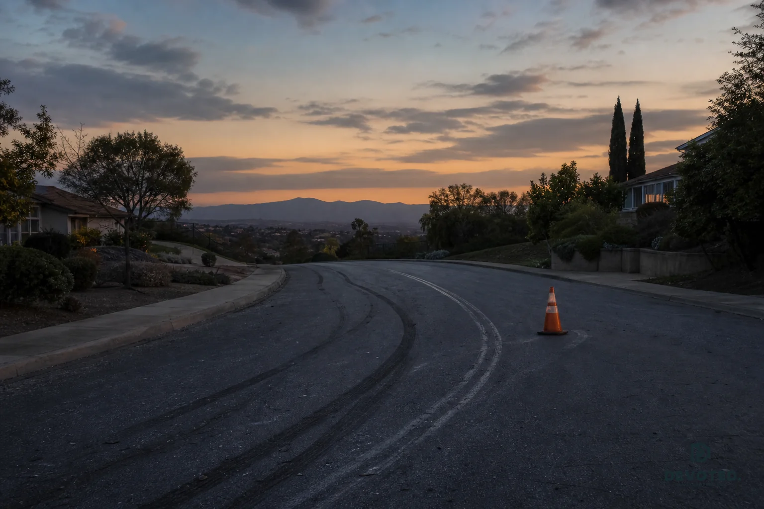 Photorealistic photograph of a quiet California suburban road at dusk with faint tire skid marks on the asphalt, a lone traffic cone catching the last light of sunset, muted blue and taupe tones reflecting colors like #83a0c4 and #c4a790 in
