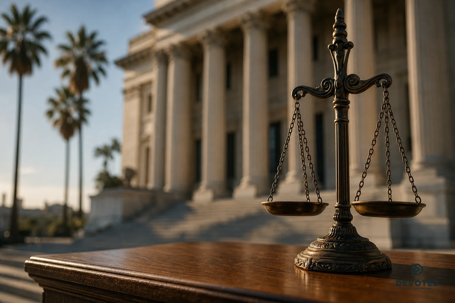 A courthouse or scales of justice image representing California civil law and legal deadlines. Photorealistic photograph of classical bronze scales of justice sitting on a wooden desk in front of a blurred California courthouse building