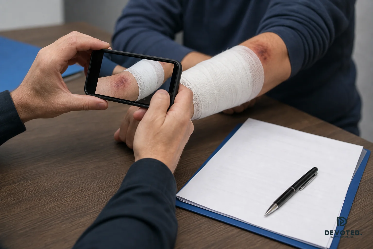 Photorealistic photo of a close-up shot showing hands holding a smartphone photographing a bandaged arm injury on a table next to a printed incident report and a pen. Neutral indoor lighting, muted color palette featuring slate blue