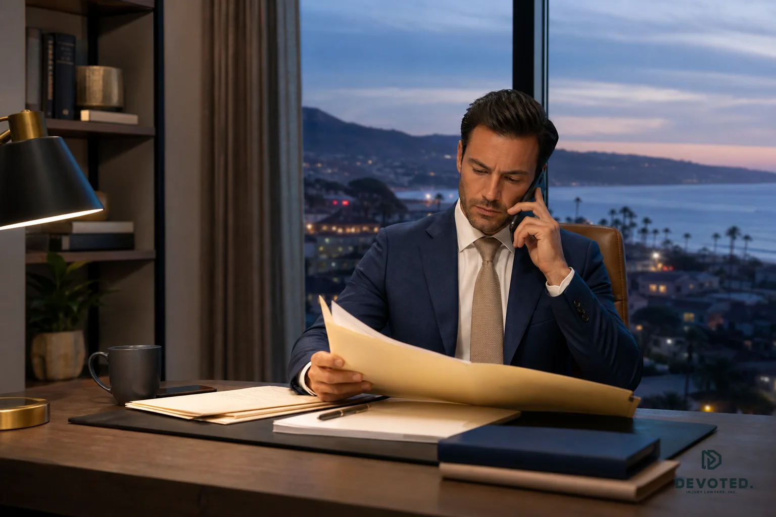 An attorney reviewing case files and speaking on the phone, symbolizing direct attorney access and 24/7 availability. Photorealistic photo of a focused attorney at a modern desk, holding a phone to their ear with one hand while reviewing a