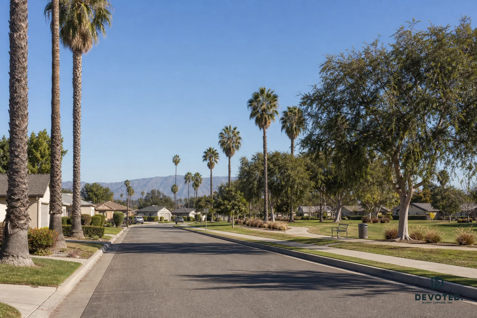 Photorealistic photo of a sunny Southern California residential neighborhood street lined with palm trees, single-story homes, and a small community park with a walking path, shot in the style of a real estate or lifestyle photograph. Clear