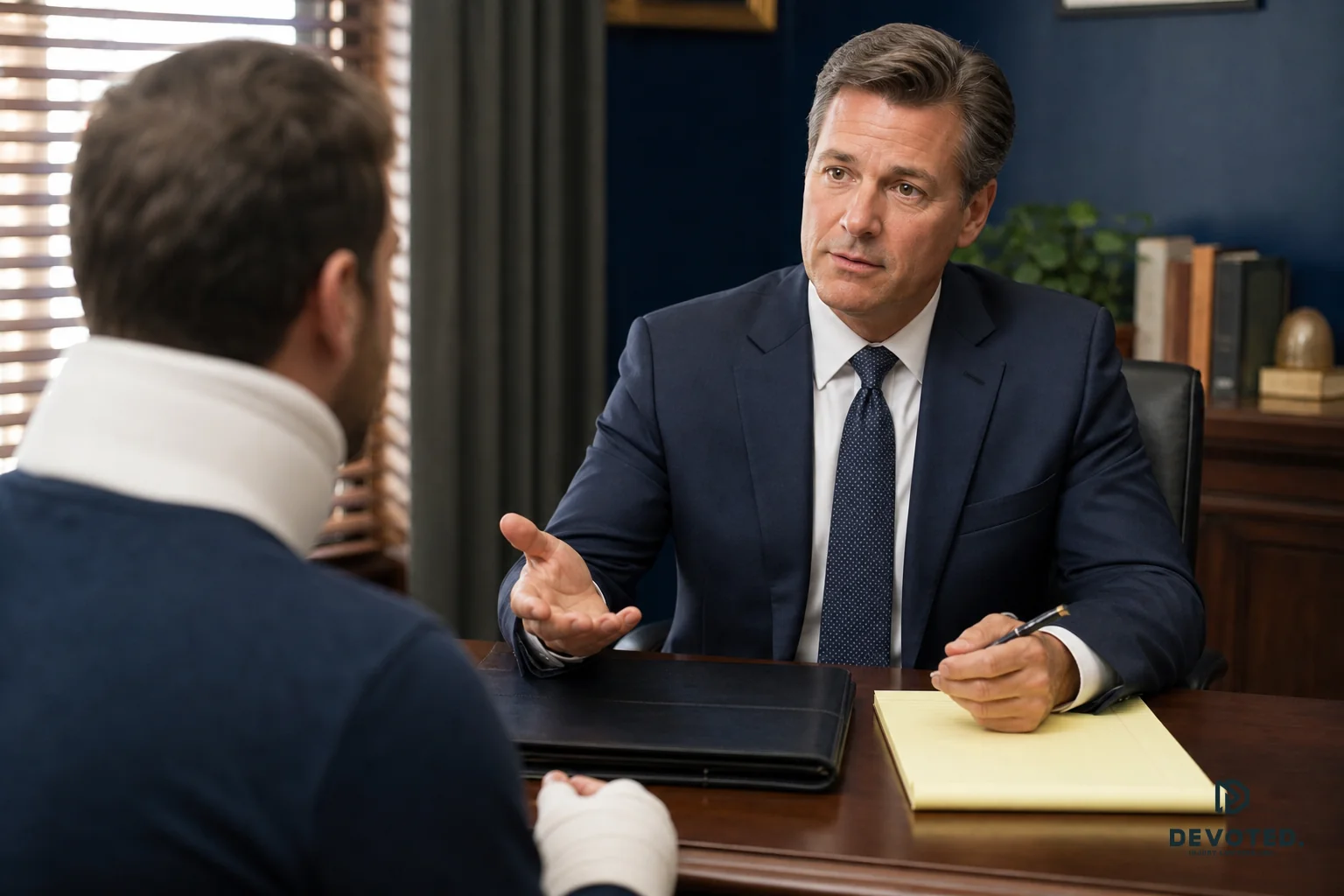 A professional attorney consultation moment, attorney speaking with a client in a warm office setting, conveying direct attorney access and trust. photorealistic photo, a professional attorney in business attire sitting across a desk from