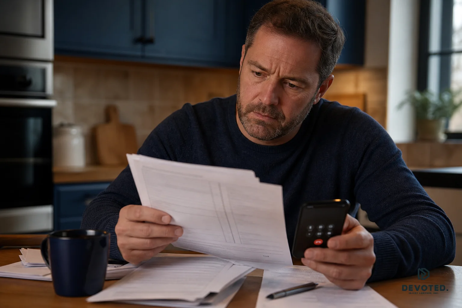 A stressed accident victim reviewing paperwork and insurance documents at a kitchen table, representing the confusion of multiple insurance policies. photorealistic photo, an adult sitting at a home kitchen table reviewing a stack of