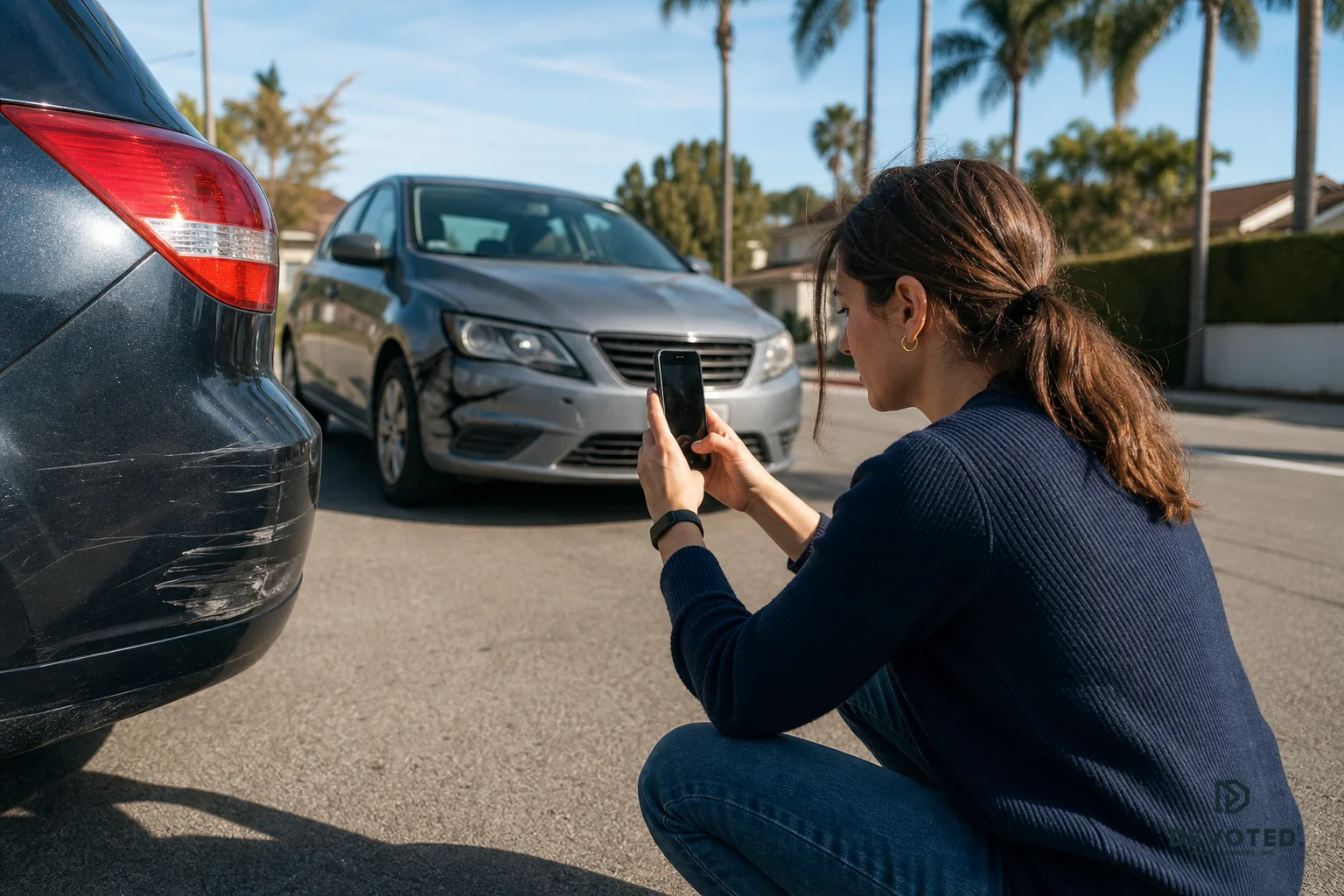 A person documenting a minor traffic accident scene by photographing vehicle damage and a license plate with a smartphone, daytime Southern California street. photorealistic photo, daytime scene on a Southern California suburban street
