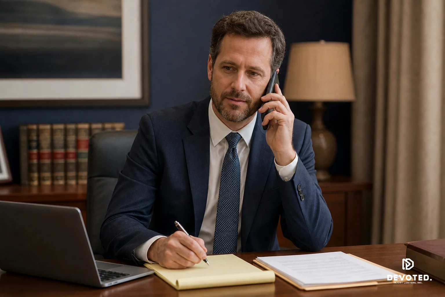 A confident attorney on the phone at a desk in an office, representing direct negotiation with insurance companies on behalf of an injured client. Photorealistic photo of a professional attorney in a modest office, seated at a desk, phone