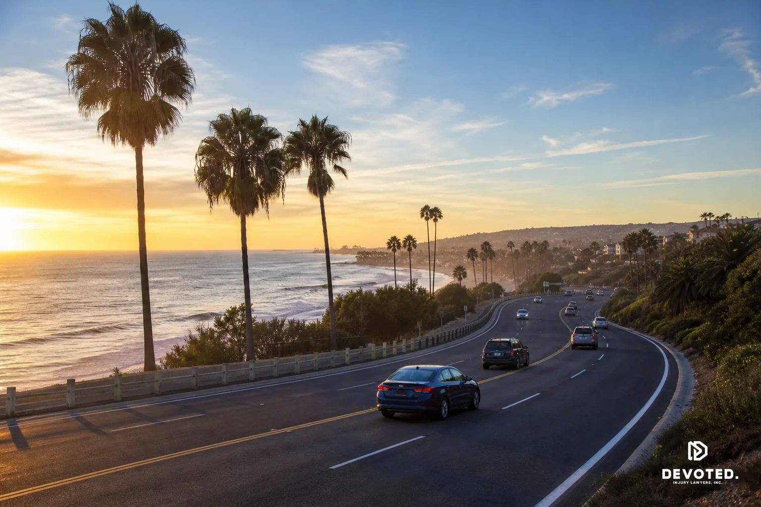 A scenic California coastal highway near Oceanside representing the statewide service area and local context. Photorealistic photo of a Southern California coastal highway near Oceanside at golden hour, palm trees lining the road, gentle