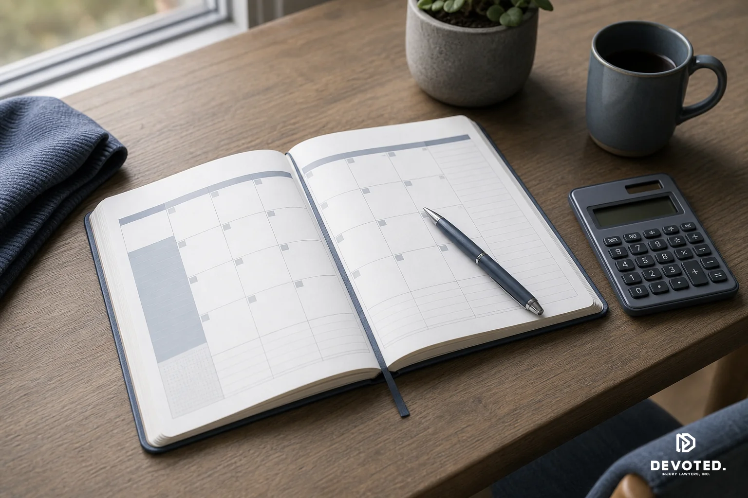 A calendar and calculator on a desk symbolizing the day-by-day per-diem calculation method for recovery time. Photorealistic photo of a wooden desk with an open daily planner calendar, a simple calculator, and a pen resting on top, soft