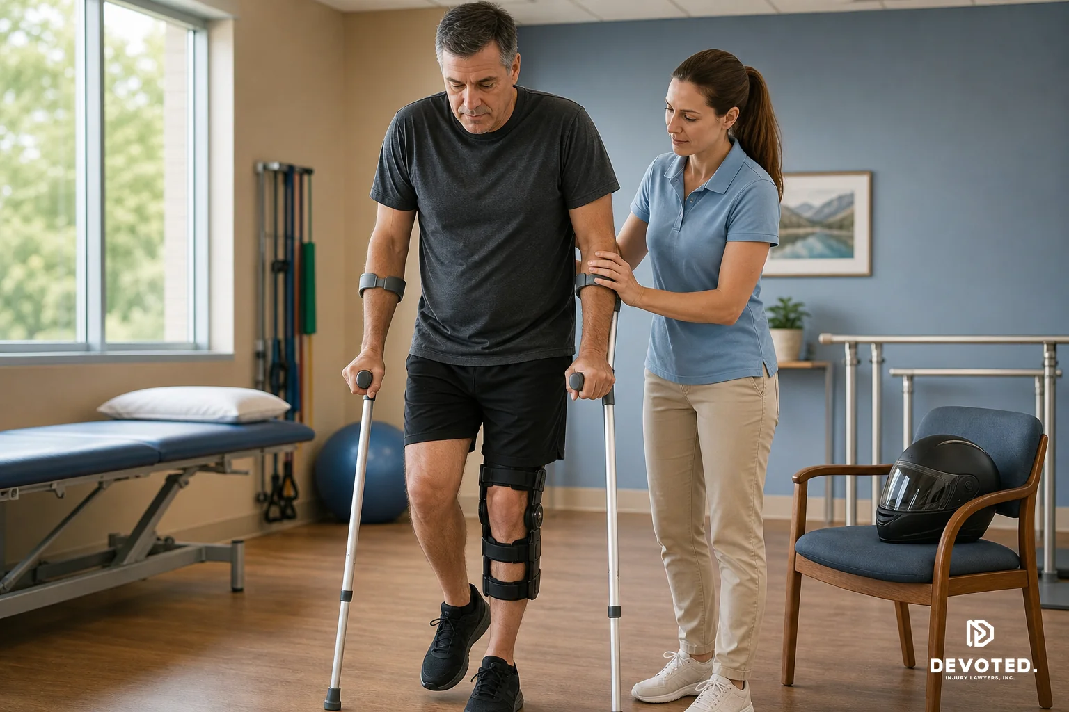 A recovering motorcycle accident patient with a leg brace doing physical therapy, representing injury severity and long recovery. photorealistic: A middle-aged patient wearing a leg brace and using crutches during a physical therapy session