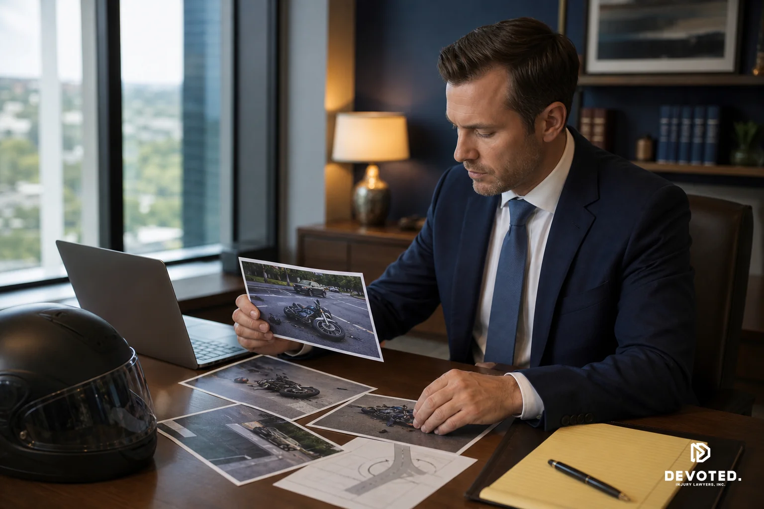 An attorney reviewing motorcycle accident evidence photos and reconstruction diagrams at a desk in an Oceanside law office. photorealistic: A professional attorney in business attire seated at a wooden desk reviewing printed photographs of