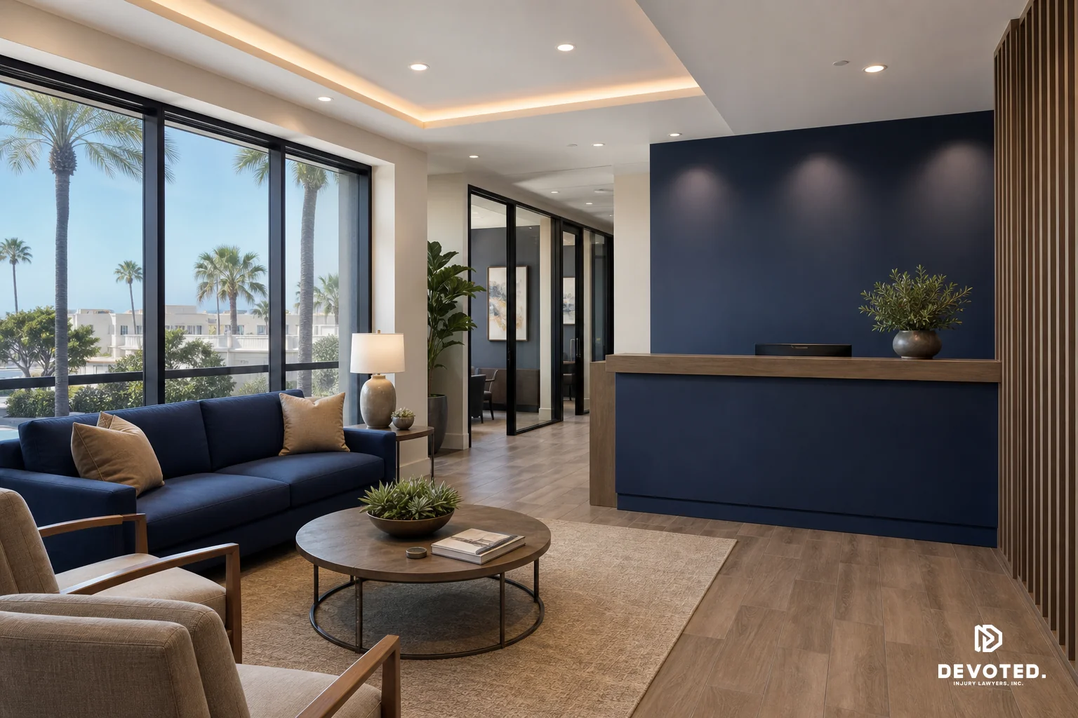 Exterior or welcoming interior shot of a modern Oceanside law office reflecting the firm's approachable, professional atmosphere. photorealistic: A welcoming modern law office reception area in a Southern California coastal town, with clean