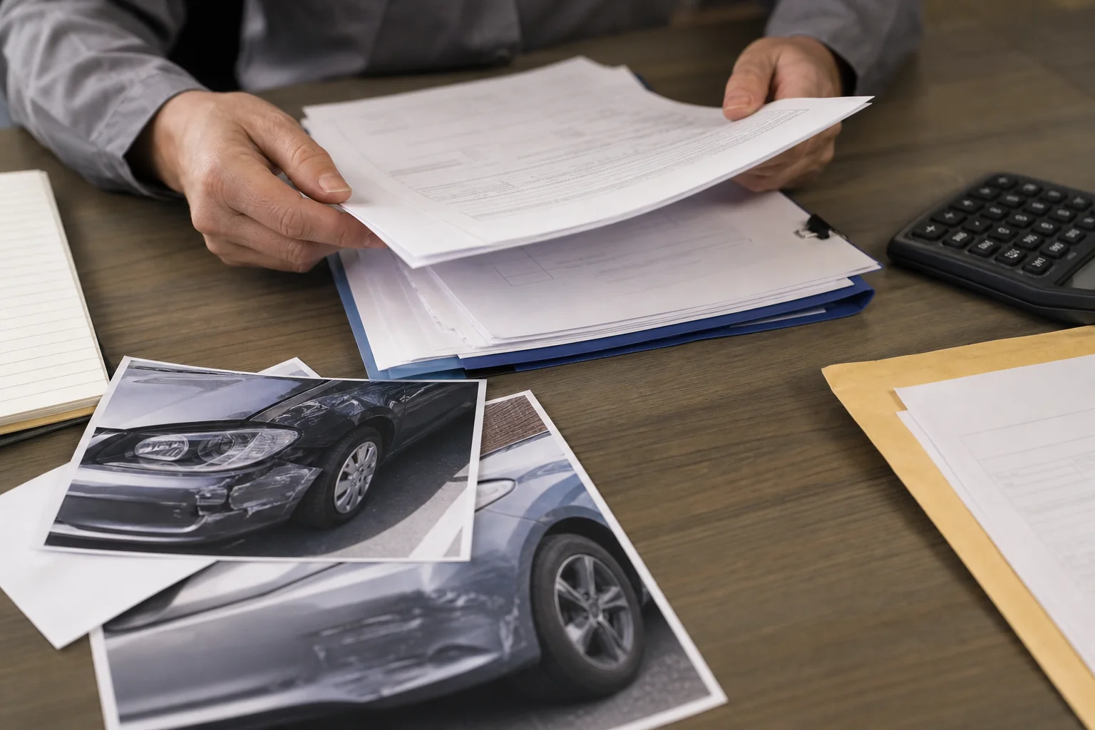 A close-up of hands reviewing medical bills, insurance paperwork, and photos of vehicle damage on a desk, representing the claims and negotiation process. photorealistic photo of a desk scene from above showing hands organizing insurance