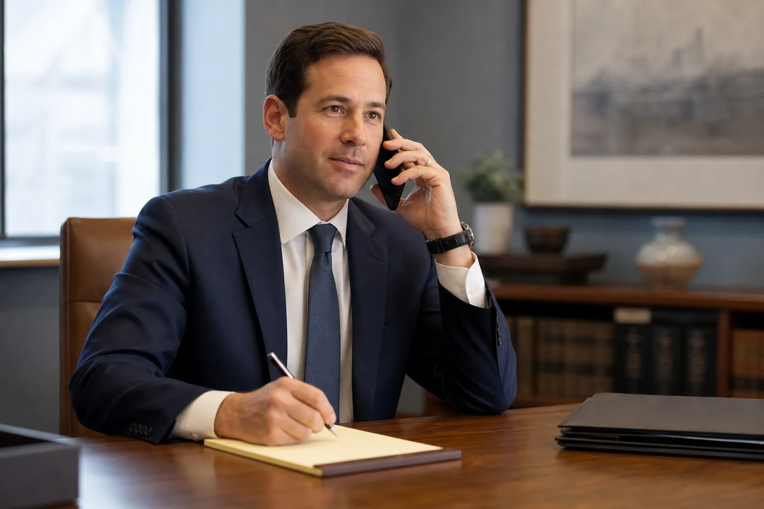 photorealistic photo of a professional attorney in a navy blue suit sitting at a wooden desk in a modern law office, holding a phone to their ear with an attentive, empathetic expression, notepad and pen in front of them, soft natural